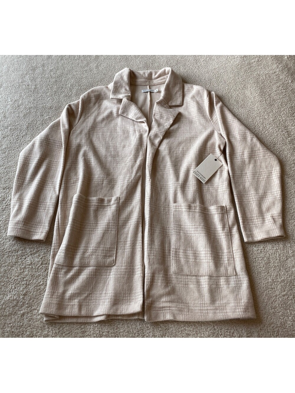 NWT Dictionary Cozy Edit Taupe Plaid Long Open Cardigan Sweater L Cashmere Feel